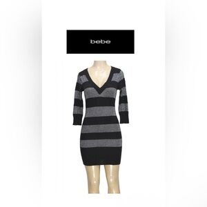 BeBe Striped Black And Grey Metallic Long Sleeve Bodycon Sweater Dress